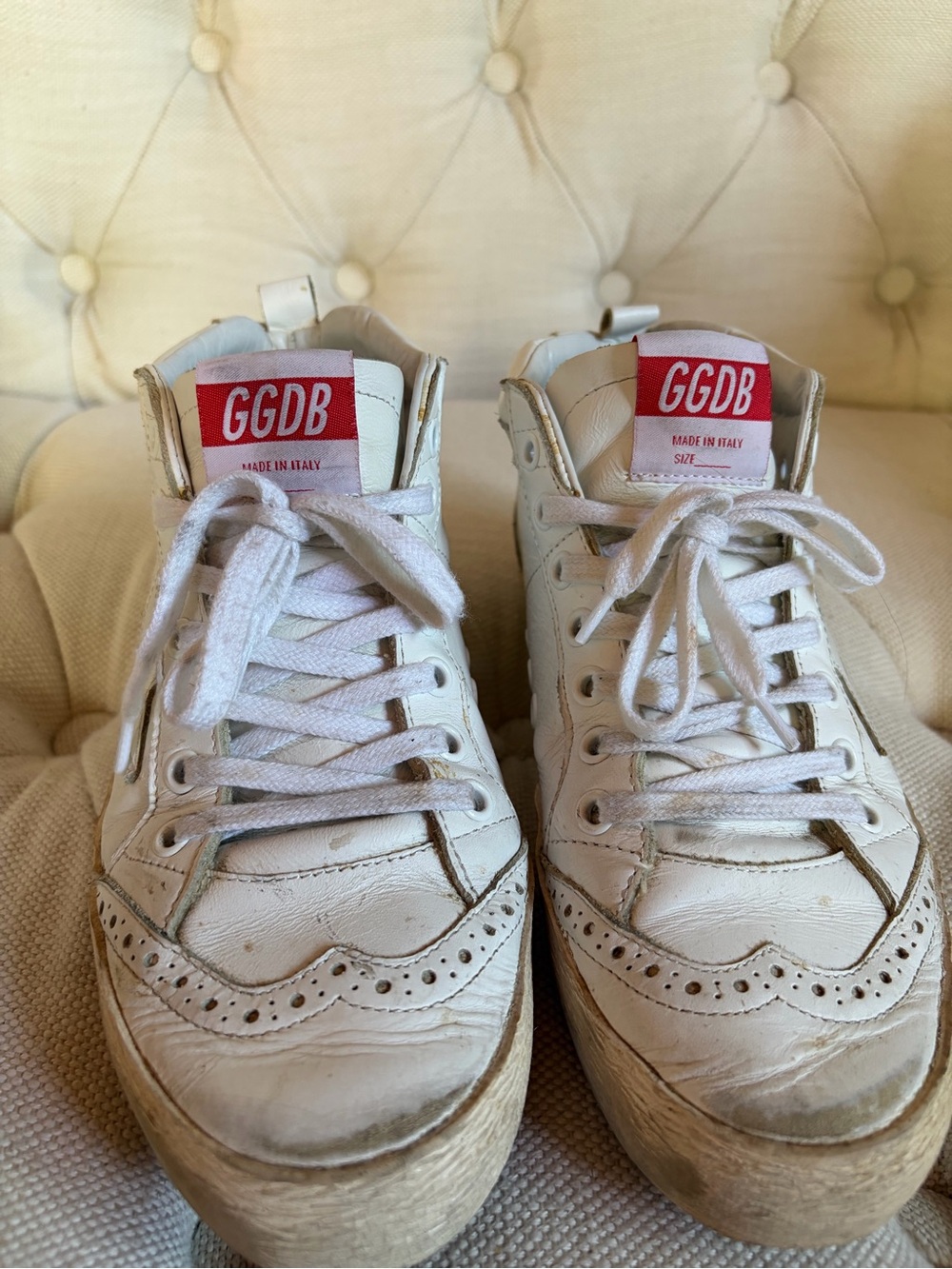 Golden Goose White Mid-Top Sneakers with Red Tongue Tab